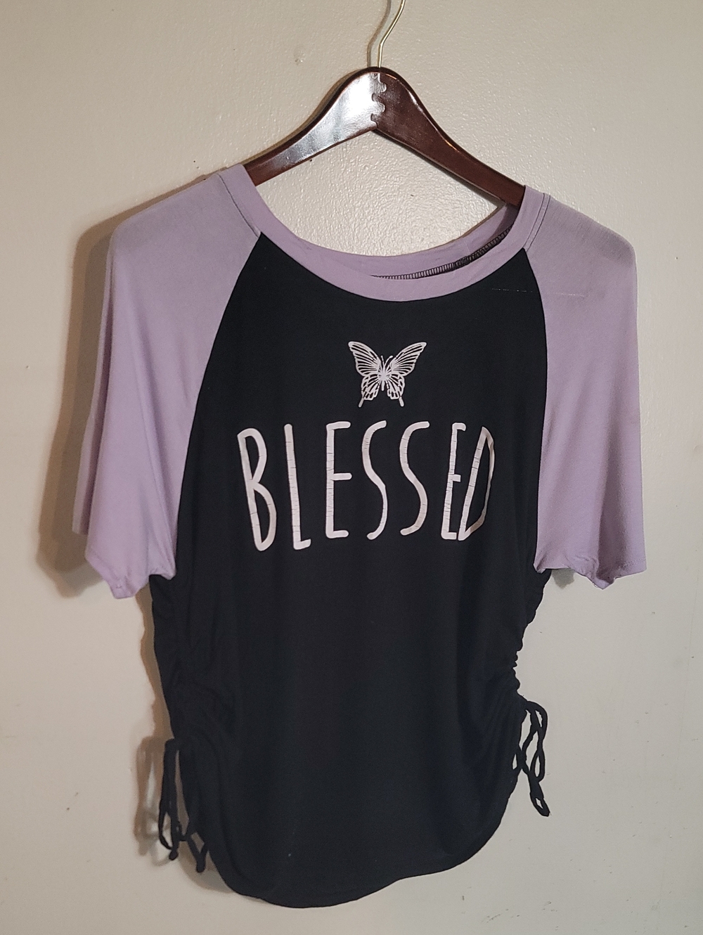 No Boundaries Black & Lavender Raglan Tee with "Blessed" Graphic